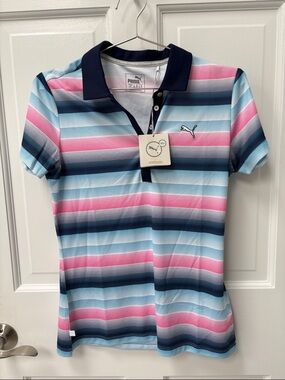 Puma Womens Short Sleeve Polo - Pink, Light Blue & Navy Stripe